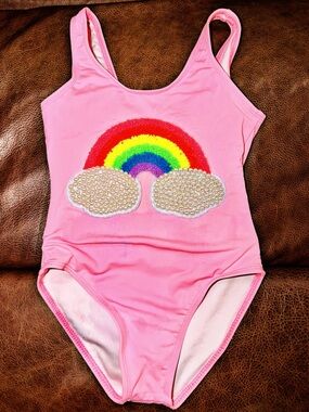 Lola + The Boys Pink Kids One-Piece Swimsuit with Rainbow & Pearl Clouds